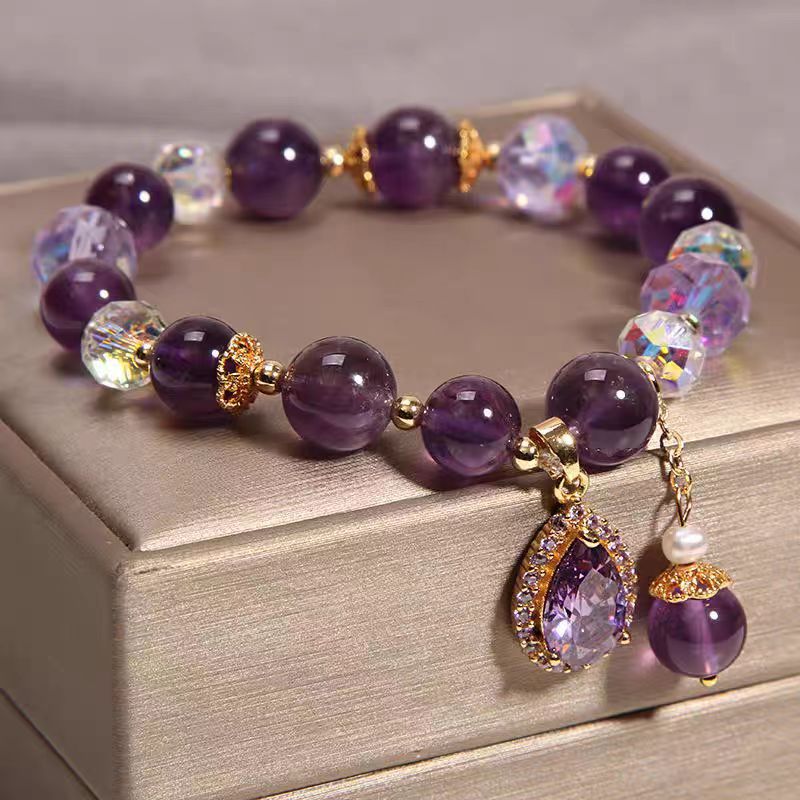 Natural Amethyst Five-Petal Flower Pendant Bracelet - Ancient Style Crystal Jewelry