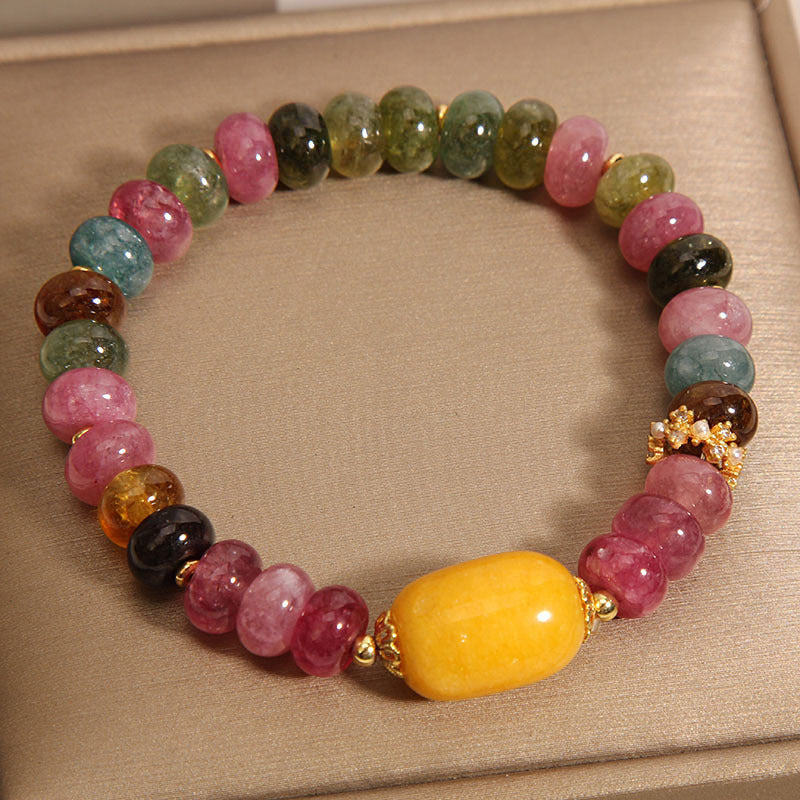 Rainbow Tourmaline & Yellow Jade Gemstone Bracelet - Women's Crystal Jewelry
