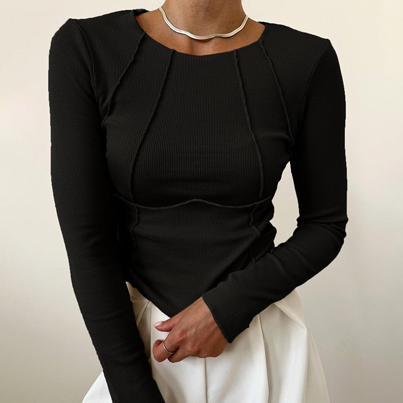 Haut en maille à manches longues coupe ajustée pour femme - Fendu de couleur unie