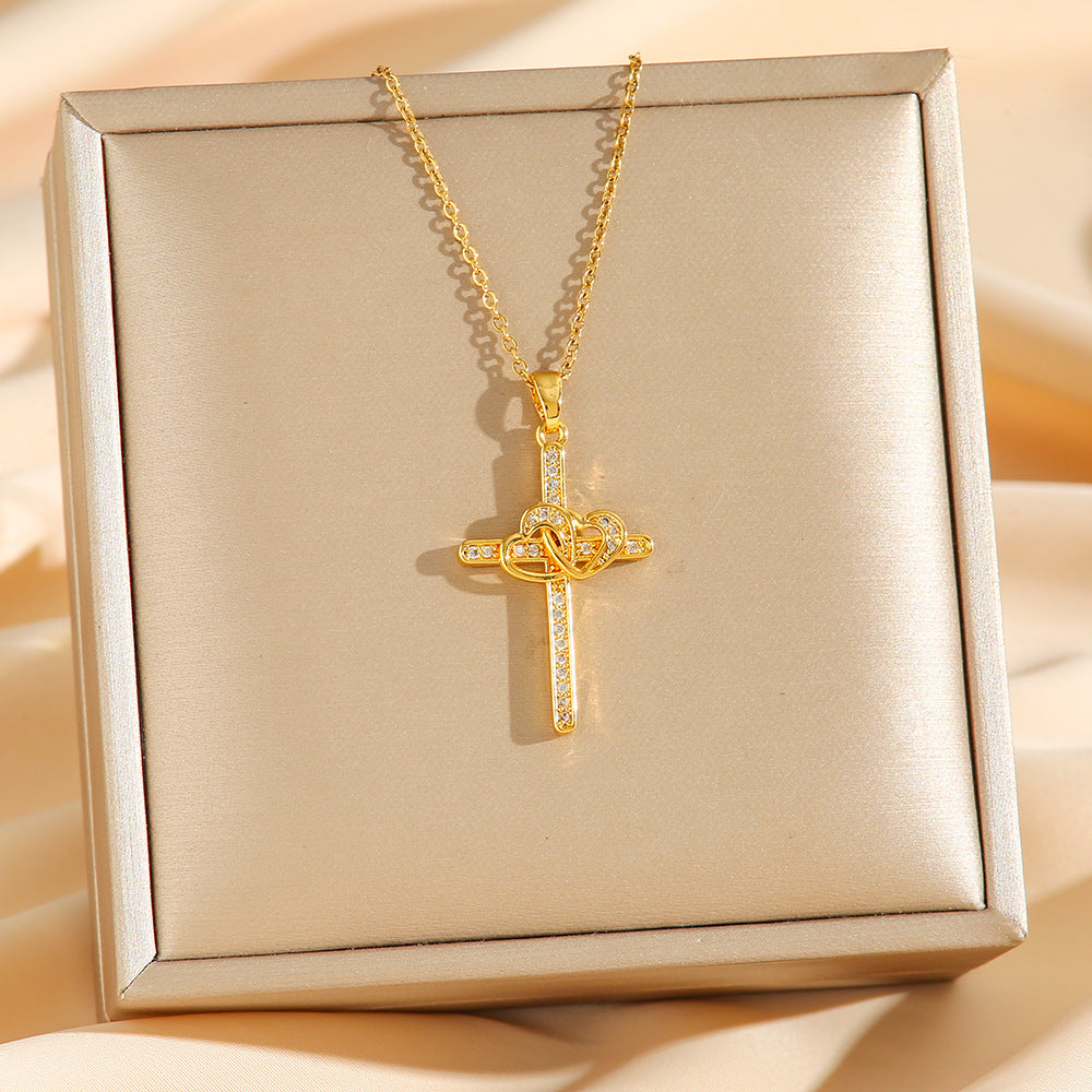 Cross Heart Zircon Pendant Necklace - Gold Plated Titanium Steel