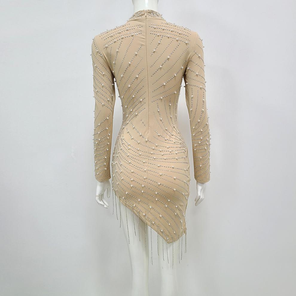 Heavy  Pearl Rhinestone Stretch Side Seam Tassel Short Dress