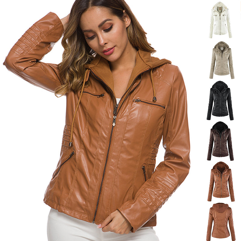 Women's Hooded Leather Jacket - Detachable Hood with Pockets