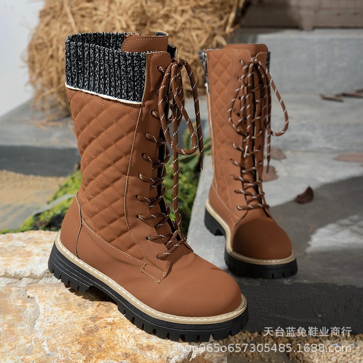 Women's Color-matched lace-up Thick-heeled Martin Boots