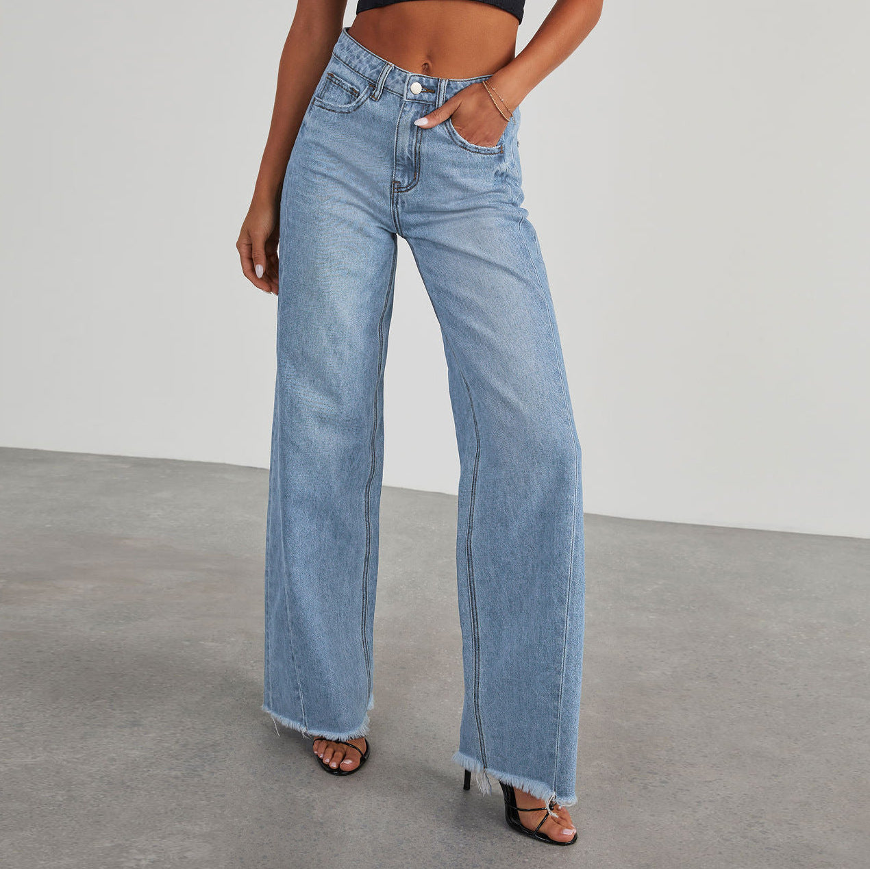 Women's High Waist Straight Wide-Leg Jeans with Pockets