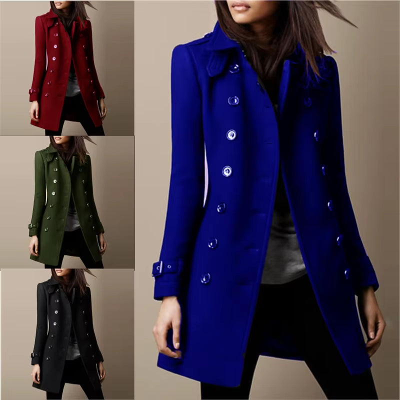 Women's Double-Breasted Wool Overcoat - Lined Lapel Coat with Pockets