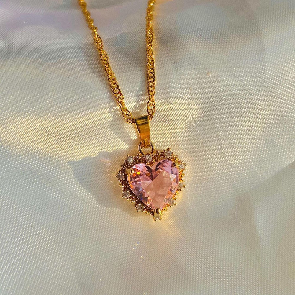 Rainbow Heart Necklace - Gold Rhinestone Clavicle Chain