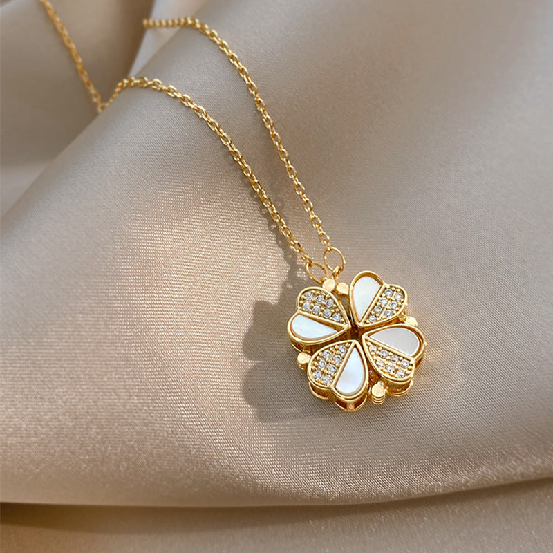 Four Leaf Clover Heart Necklace - Stainless Steel Crystal Pendant