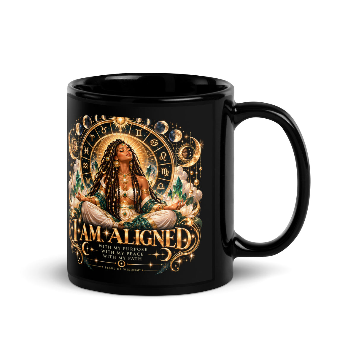 Cosmic goddess I Am Aligned Black Glossy Mug