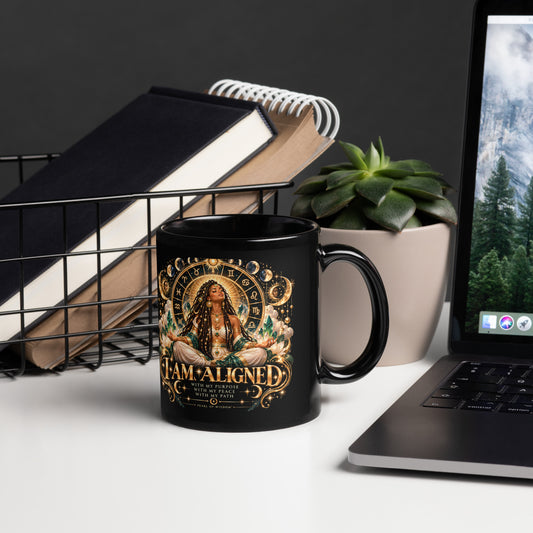 Cosmic goddess I Am Aligned Black Glossy Mug