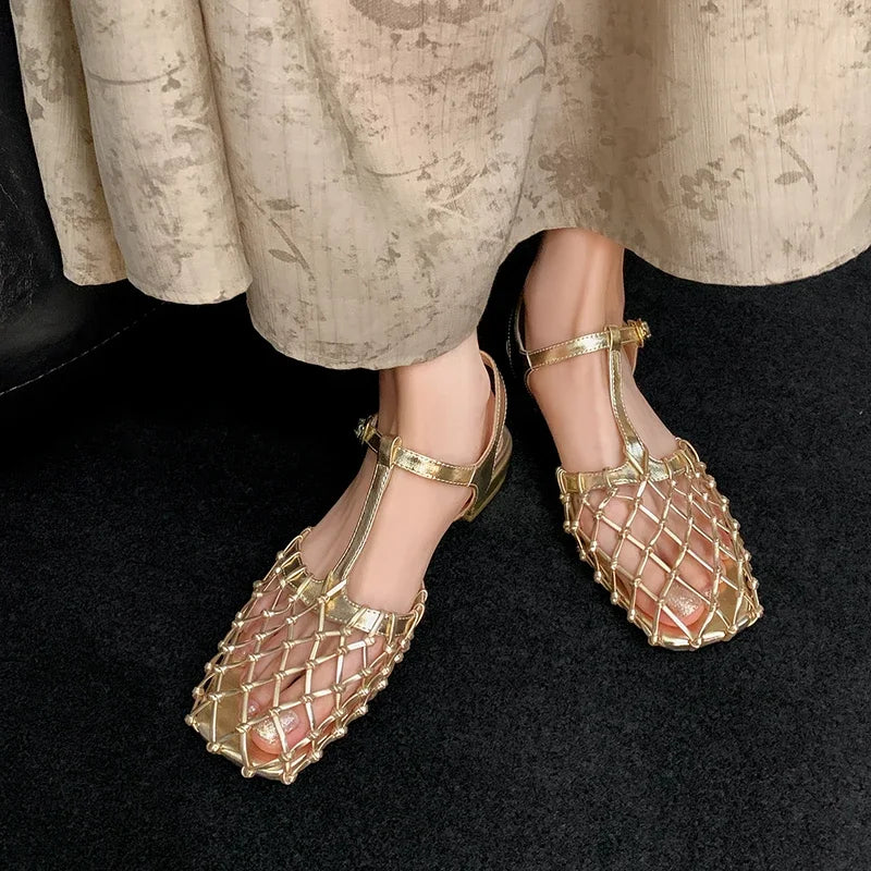 Women's Comfortable Summer Leather Hollow Bird's Nest Low Heel Sandals