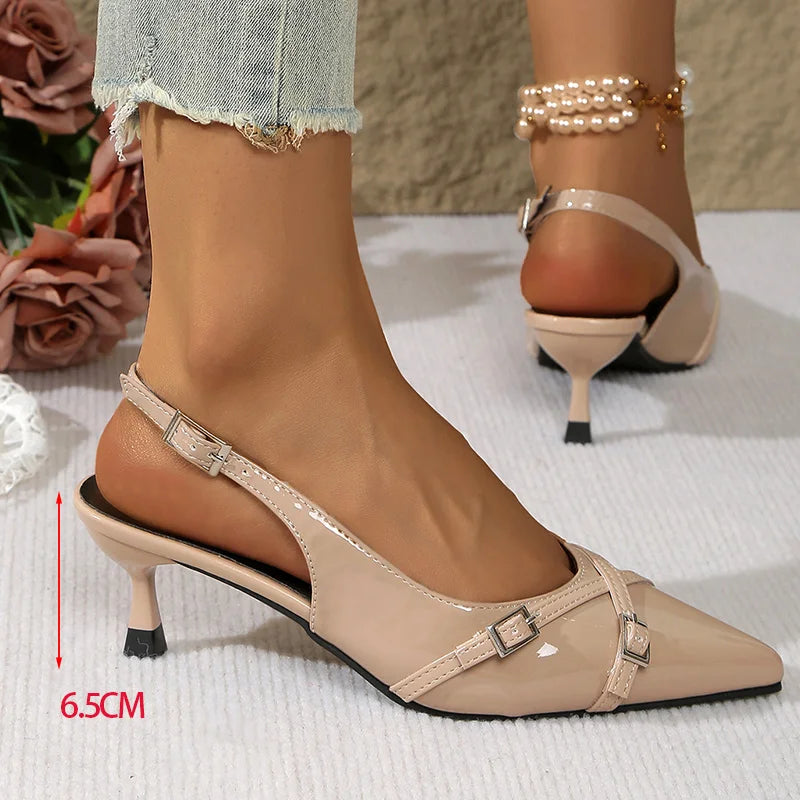 Leather Low Heel Sandals Women Pointed Toe Ankle Buckle Light Sandals