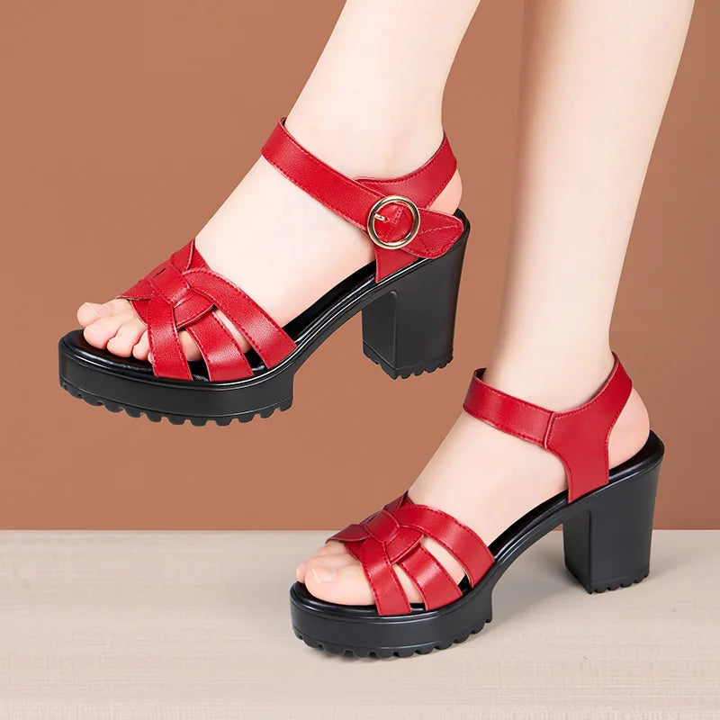 leather sandals for women 8cm high heel sizes 34, 35, 43 platform open toe