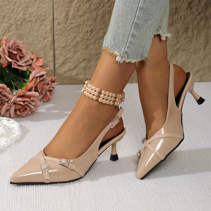 Leather Low Heel Sandals Women Pointed Toe Ankle Buckle Light Sandals