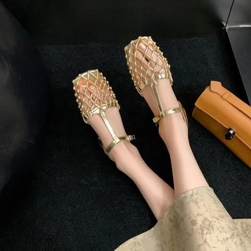 Women's Comfortable Summer Leather Hollow Bird's Nest Low Heel Sandals