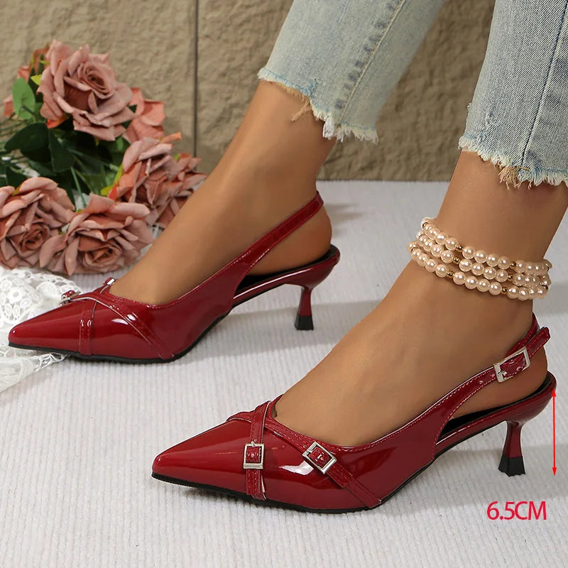 Leather Low Heel Sandals Women Pointed Toe Ankle Buckle Light Sandals