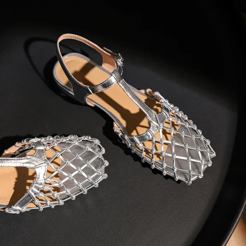 Women's Comfortable Summer Leather Hollow Bird's Nest Low Heel Sandals