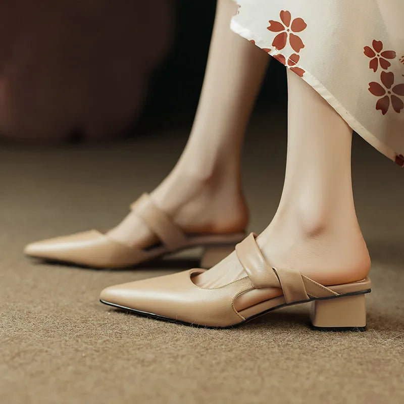 Women Genuine Leather Pointed Toe Thick Heels Sandals