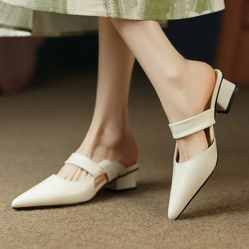 Women Genuine Leather Pointed Toe Thick Heels Sandals