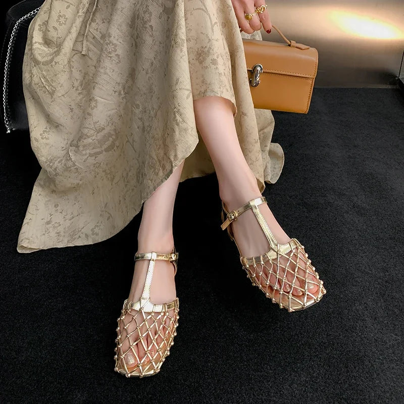 Women's Comfortable Summer Leather Hollow Bird's Nest Low Heel Sandals