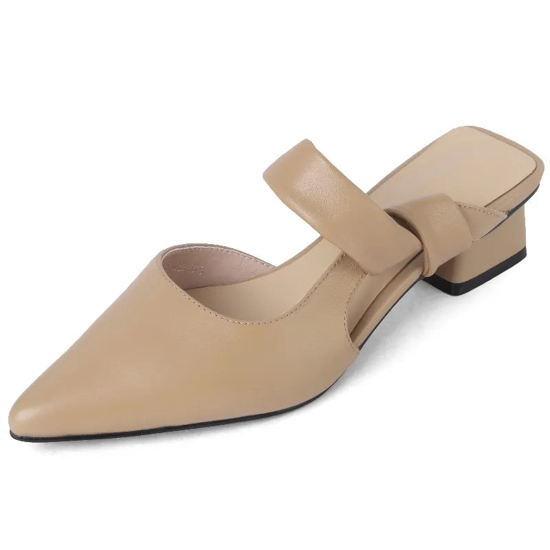 Women Genuine Leather Pointed Toe Thick Heels Sandals