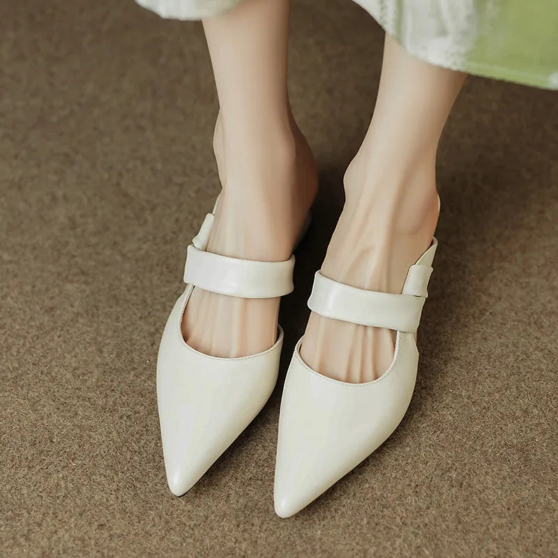 Women Genuine Leather Pointed Toe Thick Heels Sandals