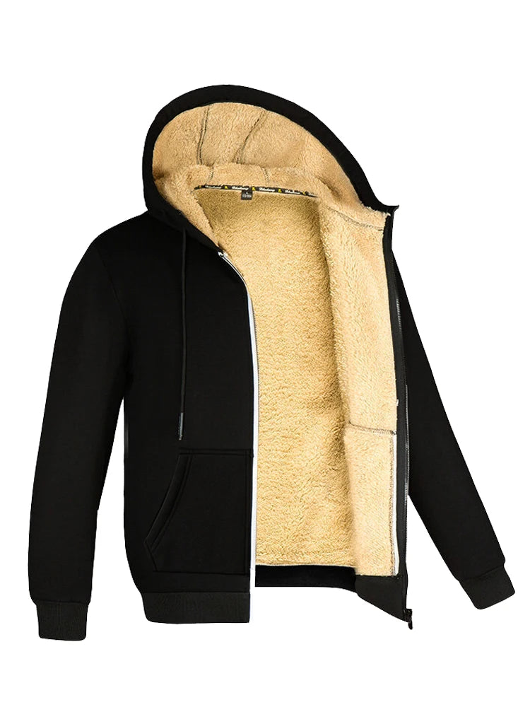 Men Winter Coats Thick Warm  Long Sleeve Zipper Hoodie Casual Fleece Black Jacket