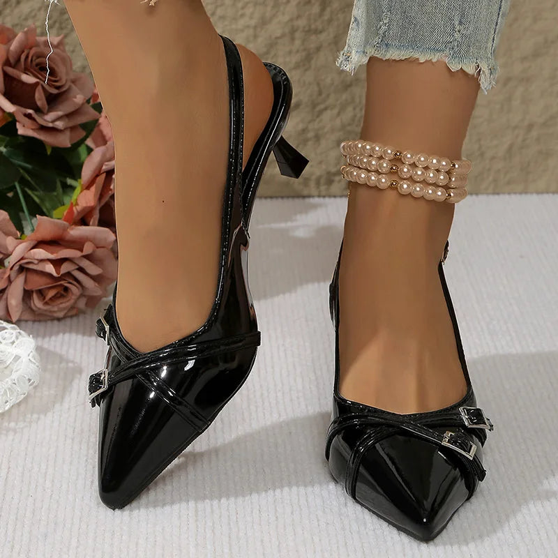 Leather Low Heel Sandals Women Pointed Toe Ankle Buckle Light Sandals