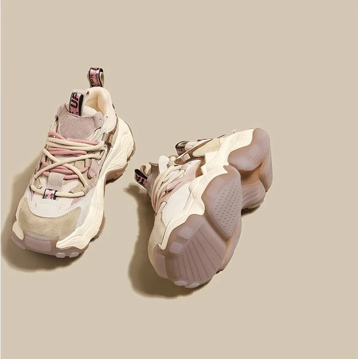 Fashion Leather Height Increasing Sneakers for Women Casual Thick Soled Shoes