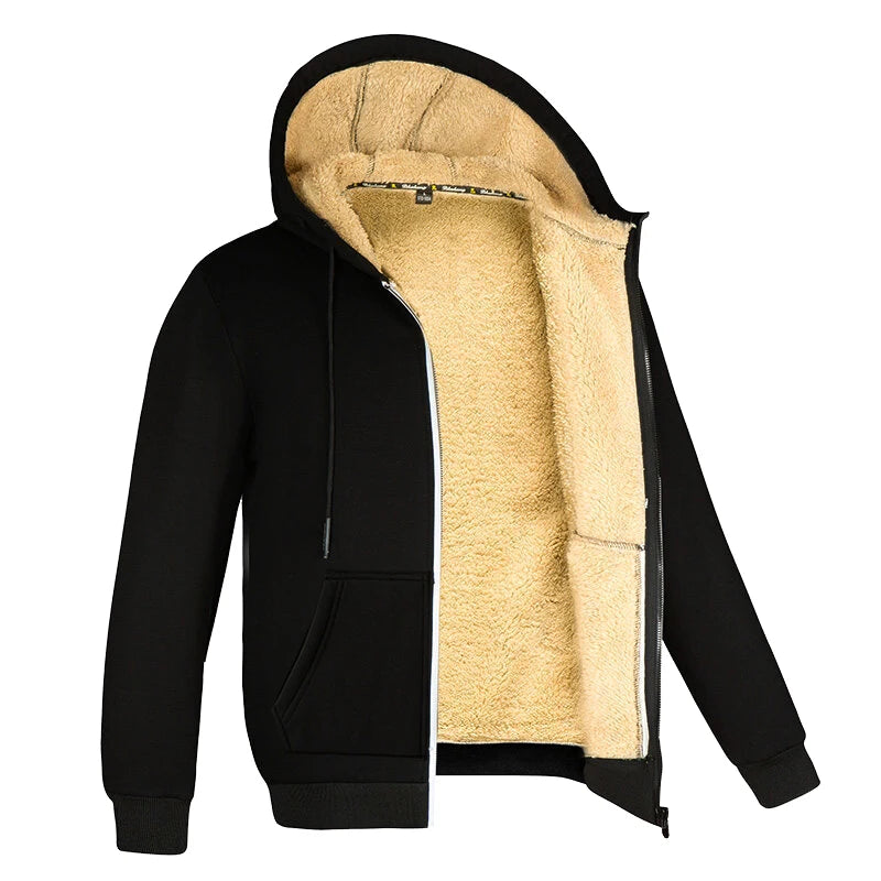 Men Winter Coats Thick Warm  Long Sleeve Zipper Hoodie Casual Fleece Black Jacket