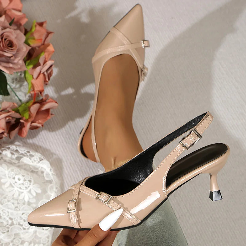 Leather Low Heel Sandals Women Pointed Toe Ankle Buckle Light Sandals