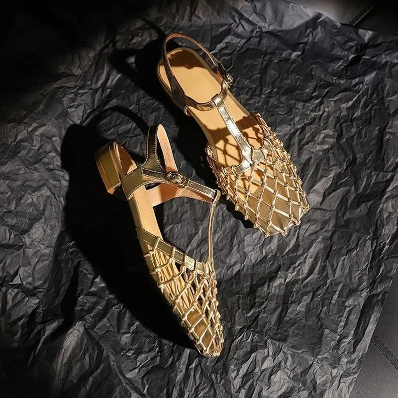 Women's Comfortable Summer Leather Hollow Bird's Nest Low Heel Sandals