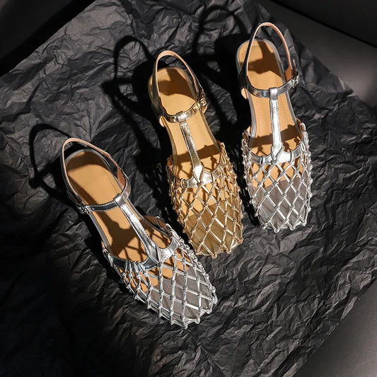 Women's Comfortable Summer Leather Hollow Bird's Nest Low Heel Sandals