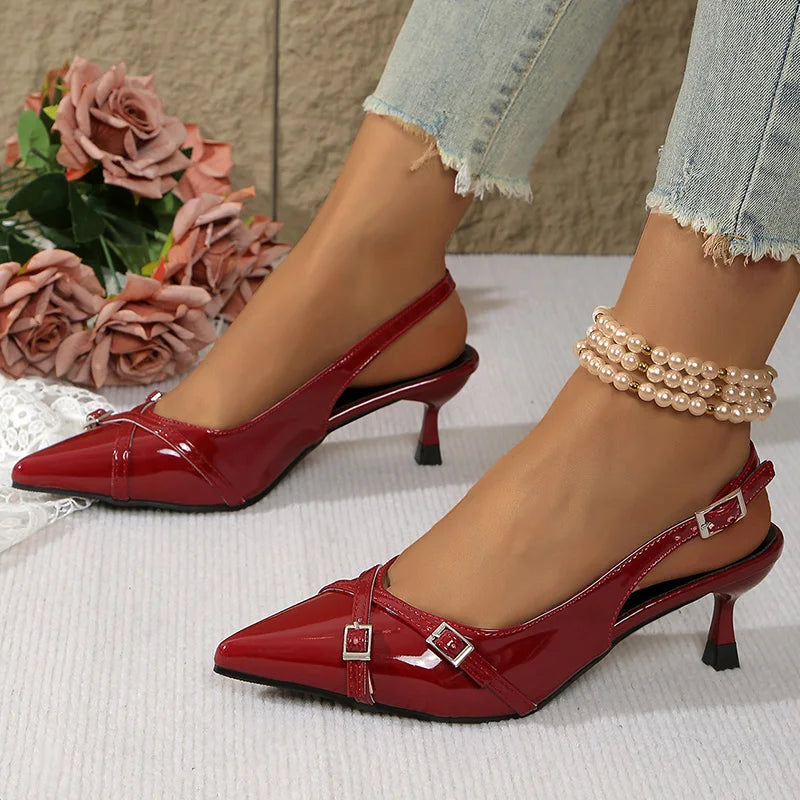 Leather Low Heel Sandals Women Pointed Toe Ankle Buckle Light Sandals