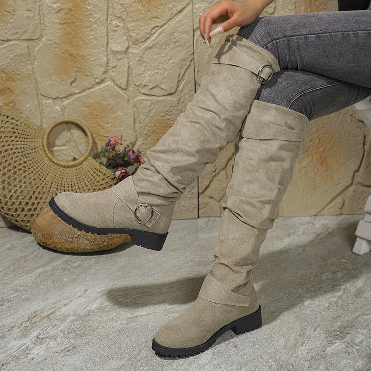 Winter Pleated Buckle High-top  Fashion Boots