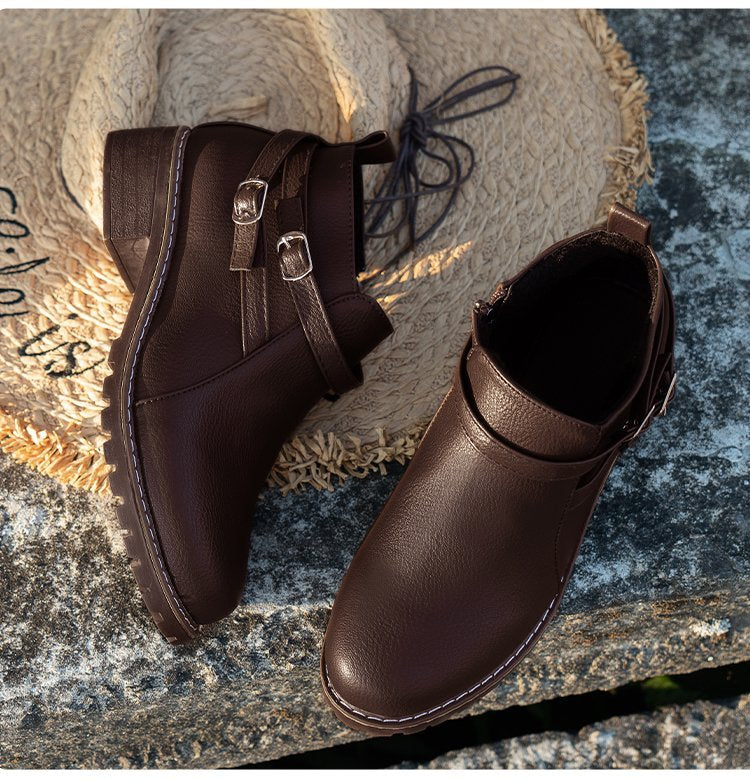 Low-heeled Leather Belt-buckle  Round-toe Ankle Boots