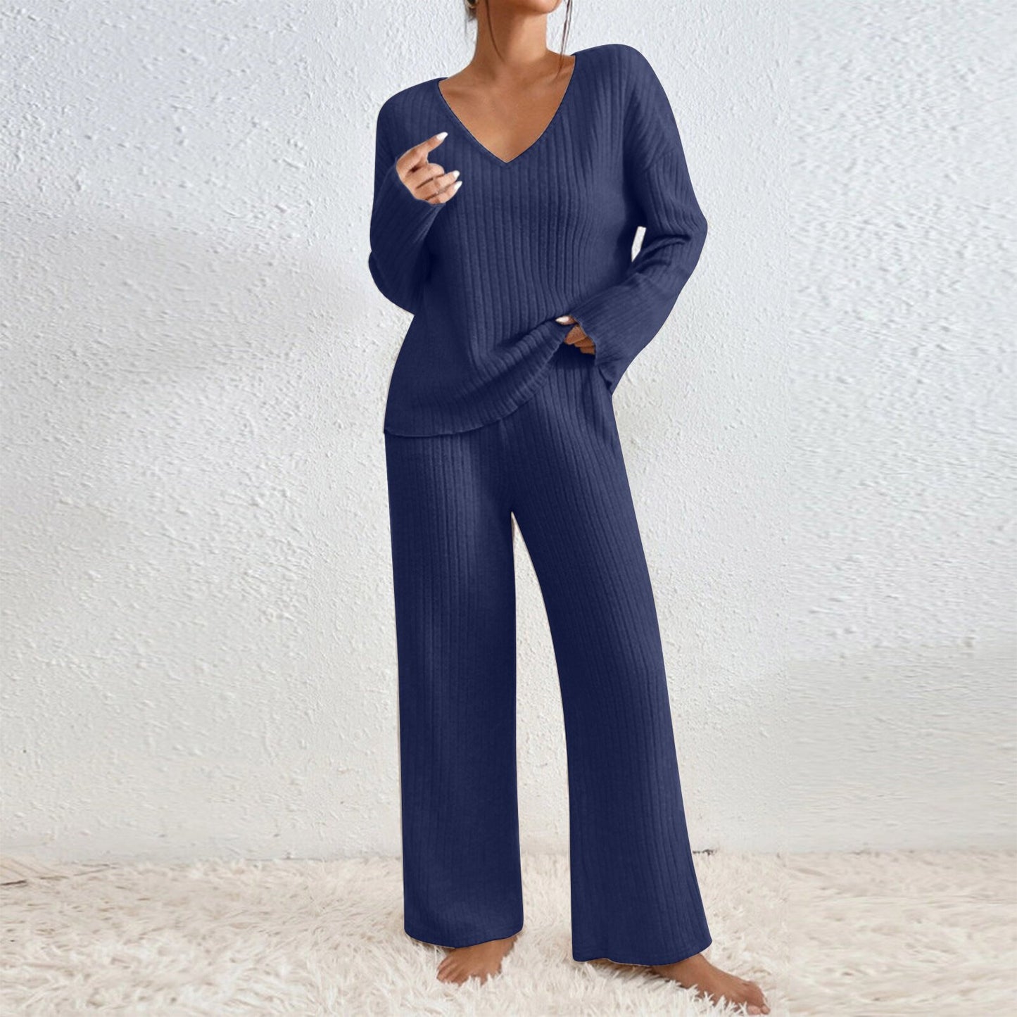 Women's V-Neck Knitted Striped Lounge Set - Long Sleeve