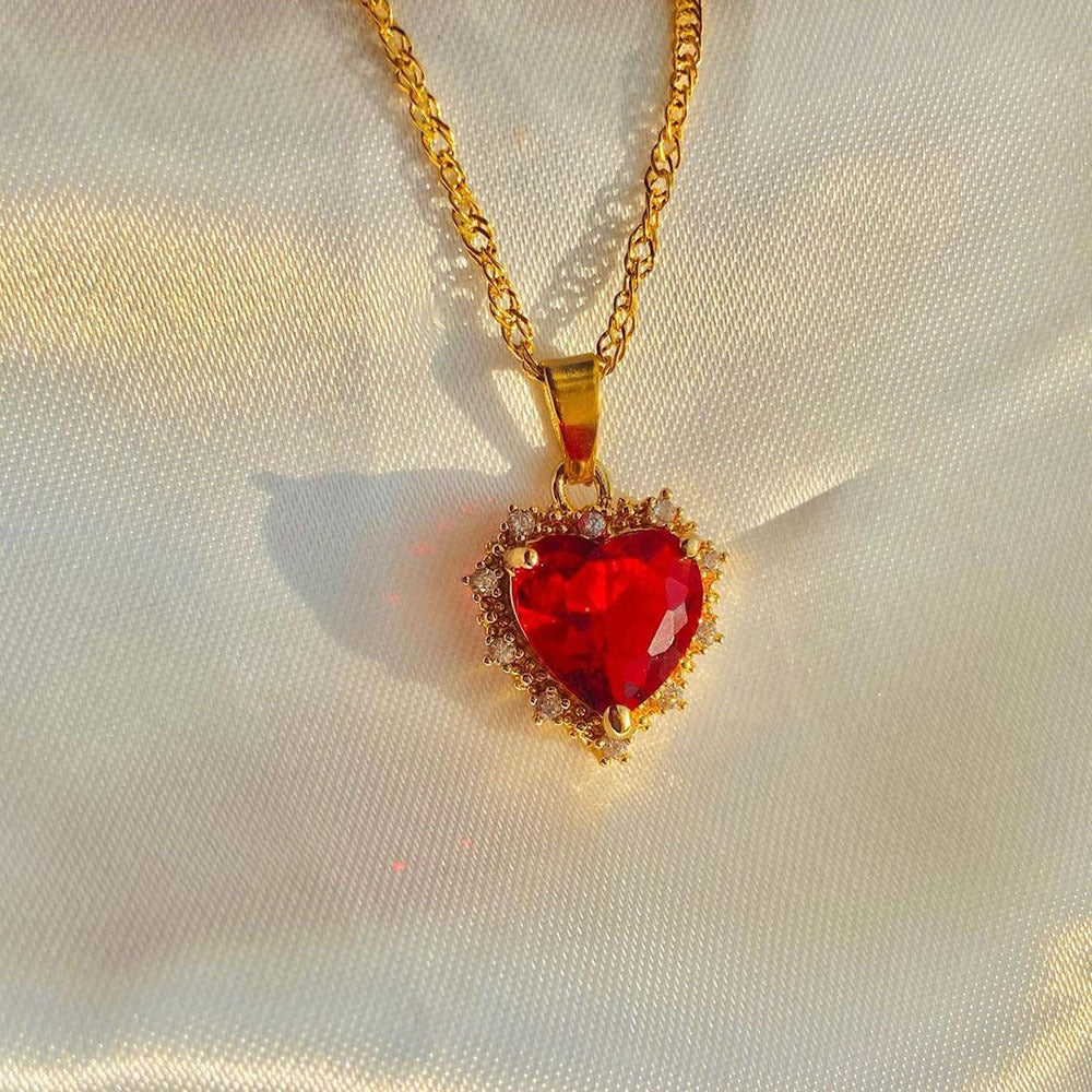 Rainbow Heart Necklace - Gold Rhinestone Clavicle Chain