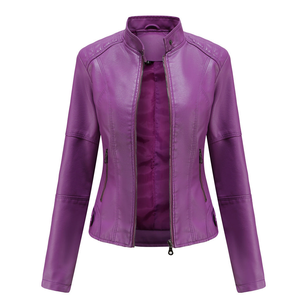Blouson zippé en cuir pour femme - Col montant avec poches