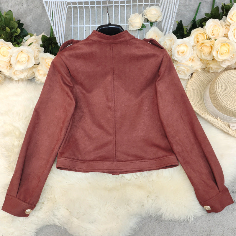 Women's Fashion Retro Long Sleeve Waist length Suede Jacket