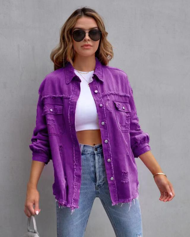 Women's Ripped Denim Shirt Jacket - Casual Spring & Autumn Top
