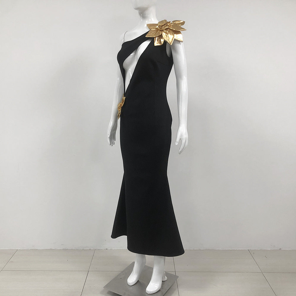 Slim-Fit Golden Floral Bodycon Dress – Black