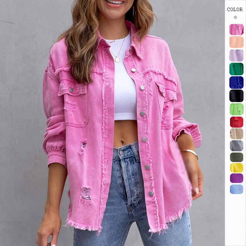 Women's Ripped Denim Shirt Jacket - Casual Spring & Autumn Top