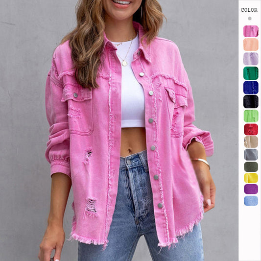 Women's Ripped Denim Shirt Jacket - Casual Spring & Autumn Top