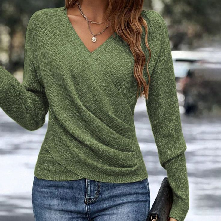 Women's V-Neck Cross Front Knitted Sweater - Long Sleeve