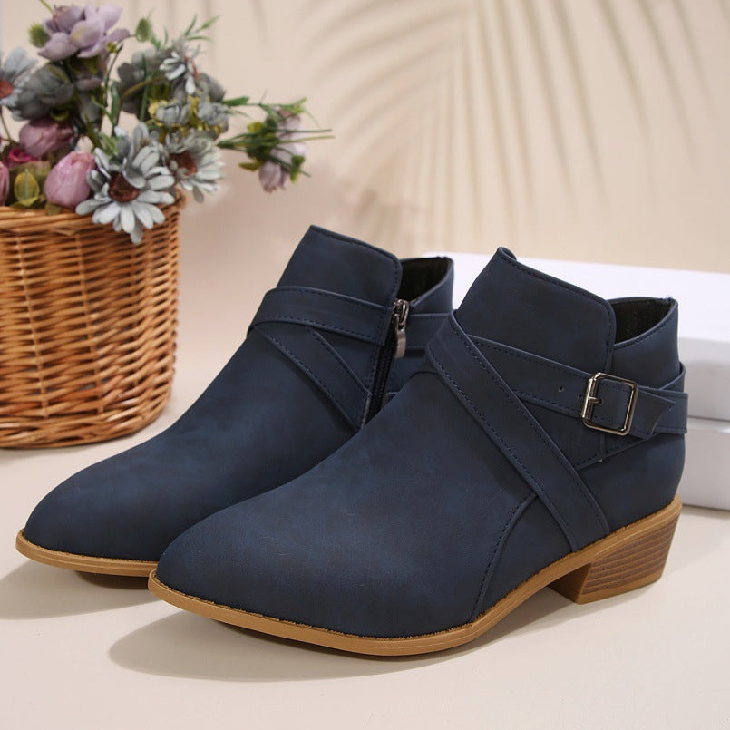 Women's Chunky-Heel Leather Belt-Clasp Side-Zip Ankle Boots