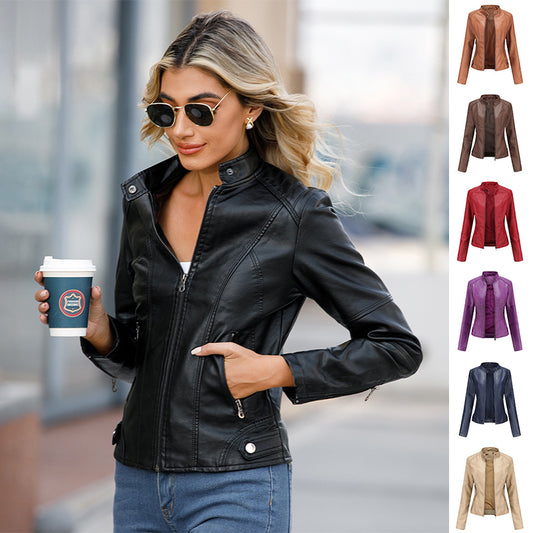 Women's Zip-Up Leather Jacket - Stand Collar with Pockets