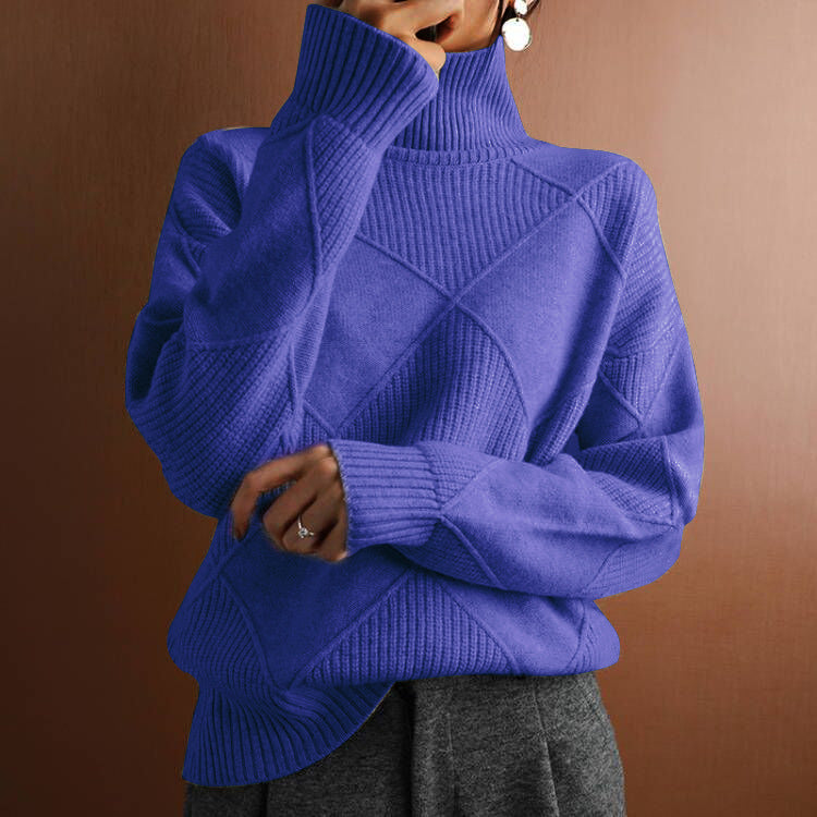 Pull chaud à col haut ample de couleur unie tricoté pour femme