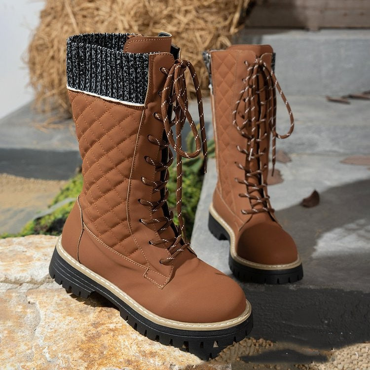 Women's Color-matched lace-up Thick-heeled Martin Boots