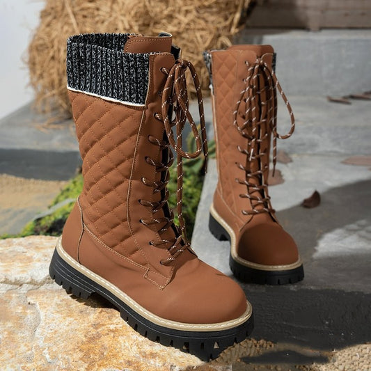 Women's Color-matched lace-up Thick-heeled Martin Boots