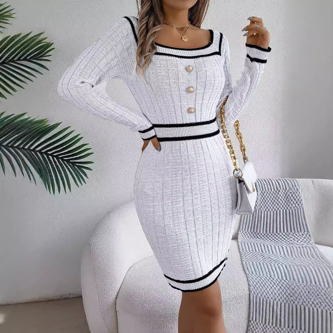 Women's Long Sleeve Sweater Dress with Hip Skirt